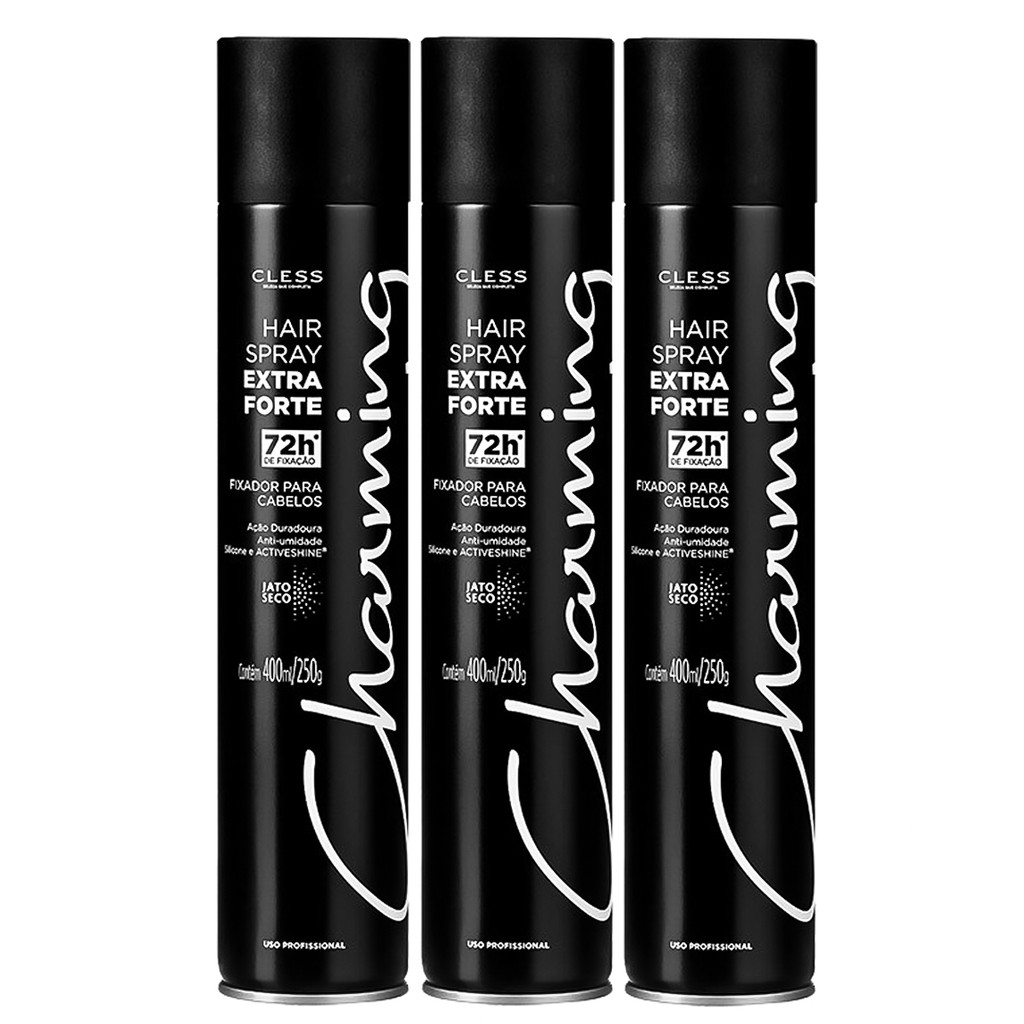 KIT FIXADOR PARA CABELO EXTRA FORTE CHARMING CLESS 400ML - 3 UNIDADES em Oferta na Shopee