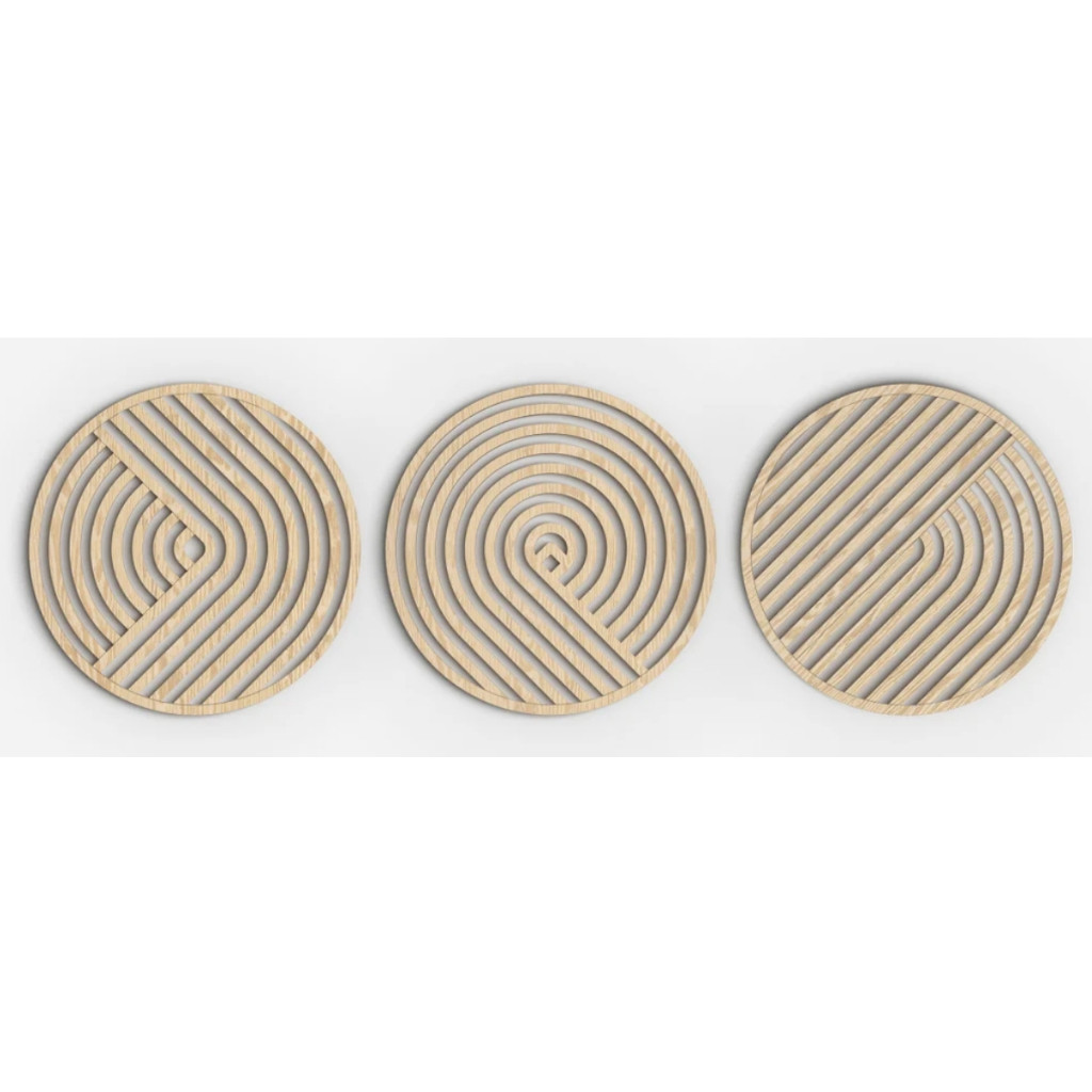 Conjunto com 3 Unidades Redondas Mandala Arte de Parede Moderna em MDF 3mm Cru 40cm x 40cm