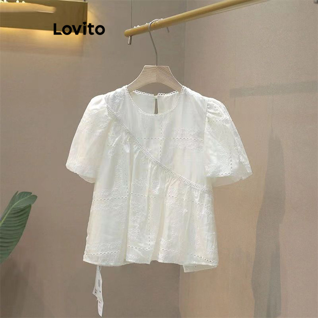 Lovito Blusa casual plissada lisa para mulheres LNM70216 - Women Clothes