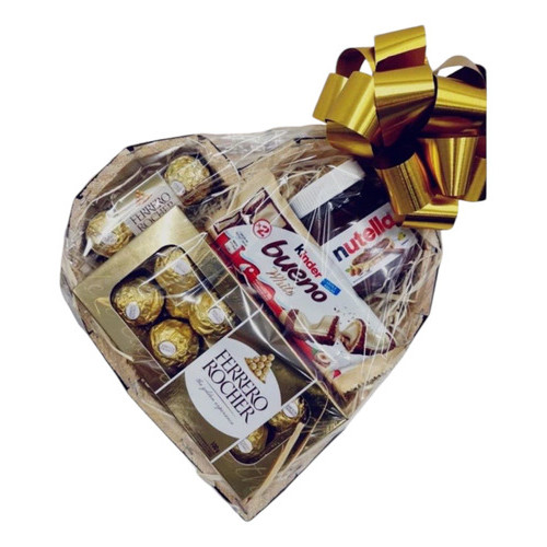Cesta Coração Presente Premium Chocolate Kinder Bueno, Nutella Ferrero Rocher, Rafaello