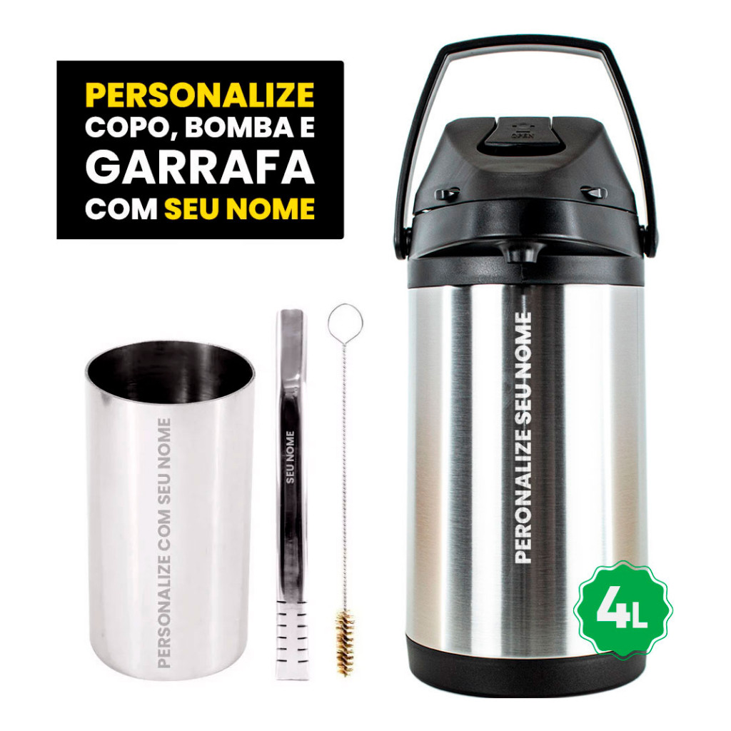 Kit Tereré Copo Bomba Garrafa Termica 4l Inox - Seu Nome em Oferta na Shopee