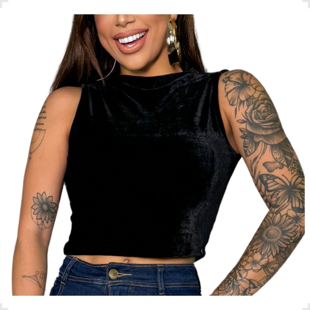 Cropped Veludo Preta Gola Alta Blusa Feminina Lisa Elegante Aveludado