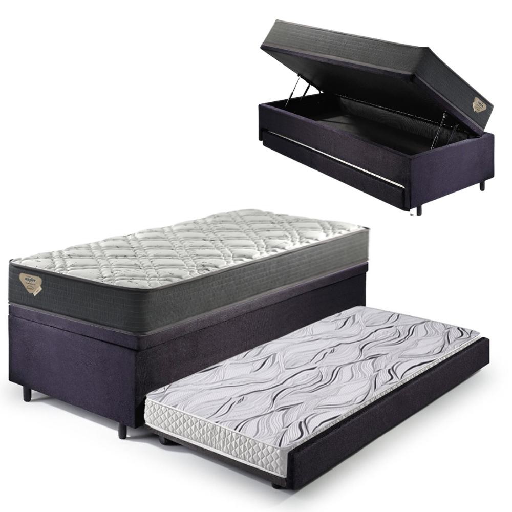 Bicama Box Baú Viúva 120x203 Suede Preto com Colchão Adapto Molas Ensacadas Ecoflex