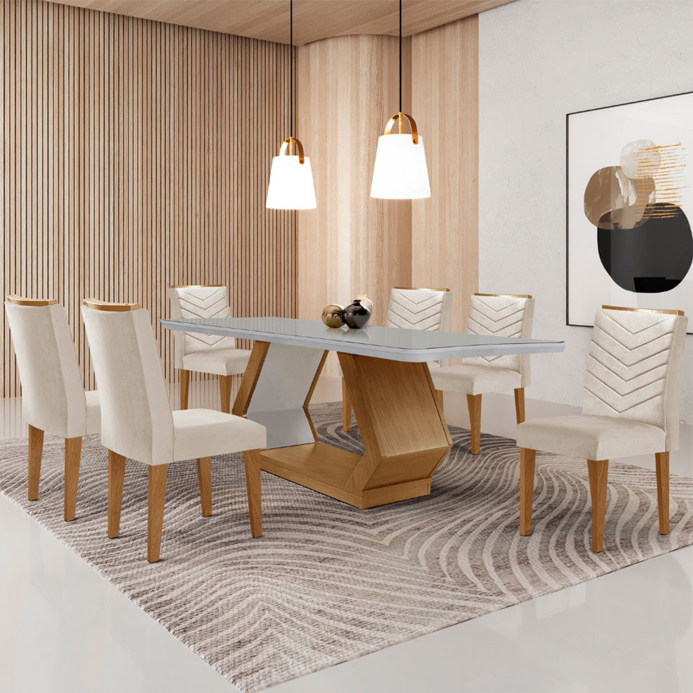 Conjunto Mesa para Sala de Jantar Alvorada 180cm MDF com Vidro Canto Copo e 6 Cadeiras Liz - Home & Living