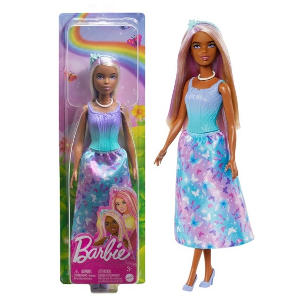 Boneca Articulada Barbie Realeza Vestido dos Sonhos Azul Com Saia Estampada Removível - Magia do Arco-Íris - Mattel