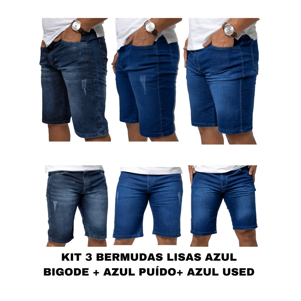Kit 3 Bermuda Masculina Jeans c/ Elastano Azul Puído+Azul Bigode+Azul USED - 3 Short Jeans Masculino