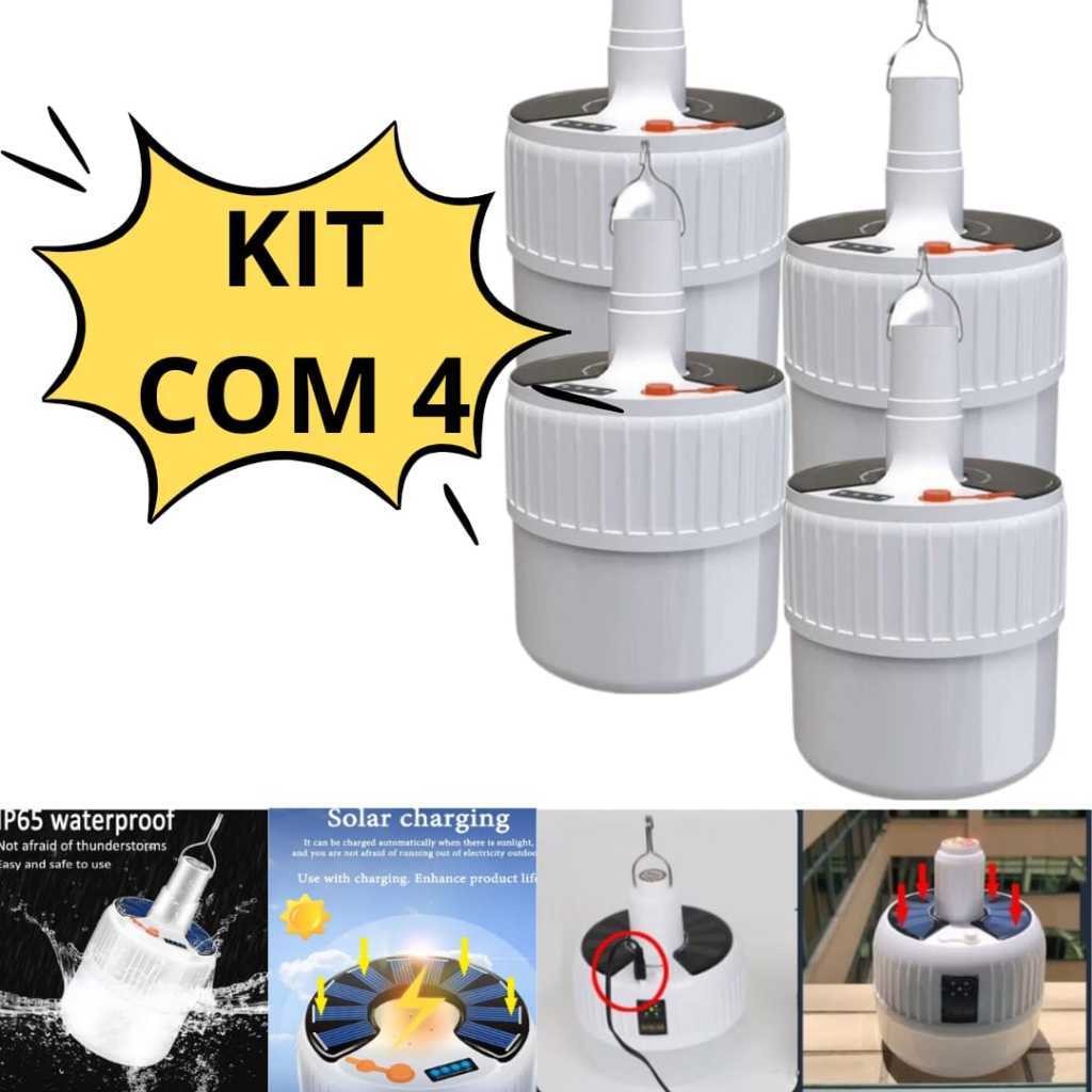 Kit 4 Lâmpadas LED Solar Portátil Recarregável IP65 para Camping, Chácara, Emergência e Jardim MT085
