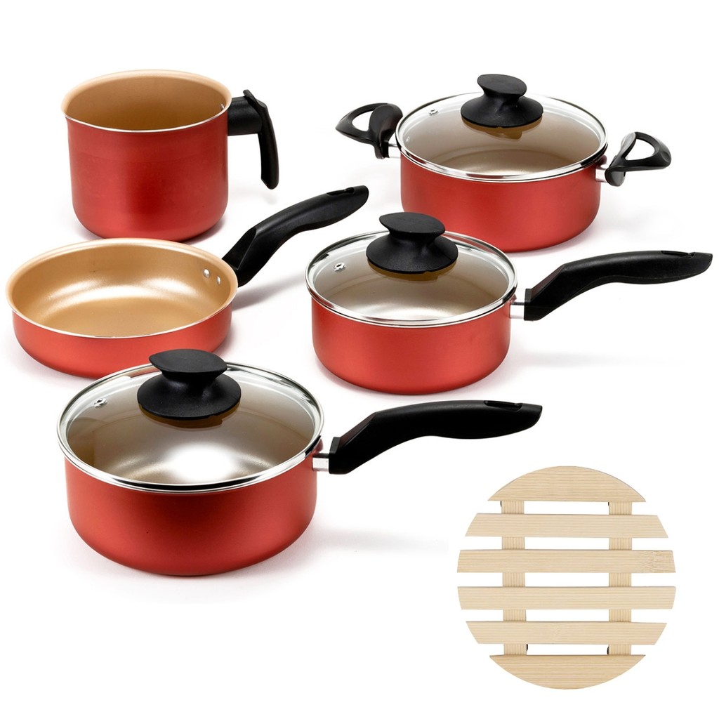 Kit Jogo de Panelas 5 Peças Antiaderentes com Tampas de Vidro e 5 Descansos de Panela Redondos Madeira Cozinha