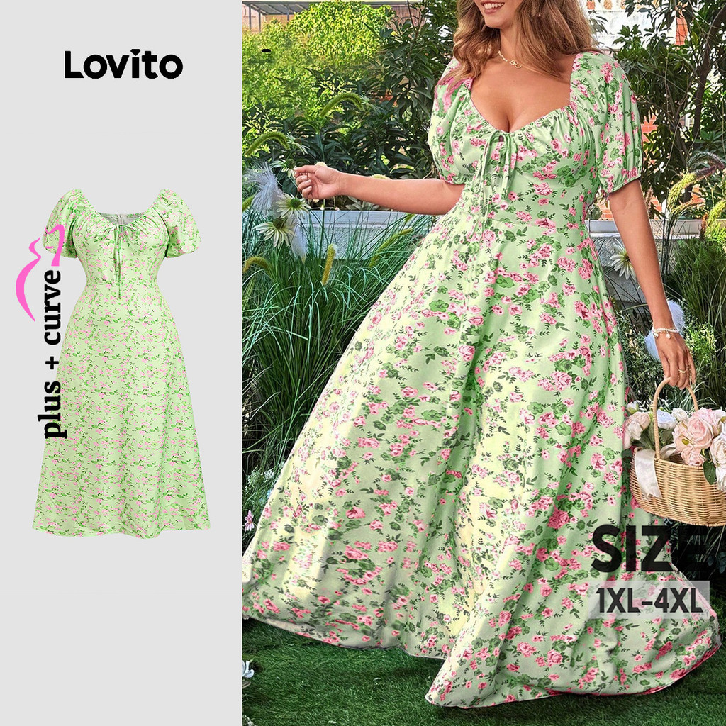 (Trendy) Lovito Plus Size Curva Casual Floral Lace Up Zipper Verão Primavera Vestido Verde Para Mulheres LBL25261 - Women Clothes