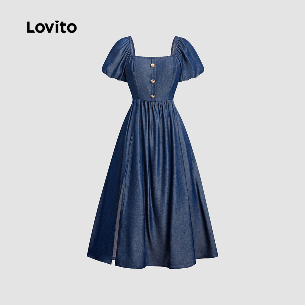 (Trendy) Lovito Vestido Casual de Jeans com Botão   Toque Suave Primavera/verão Vestido de Jeans Azul LBL26264 em Oferta na Shopee