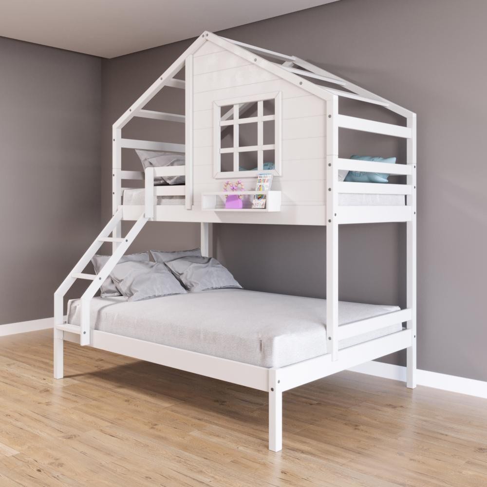 Beliche Casinha Janela Casal/Solteiro Madeira Branco em Oferta na Shopee