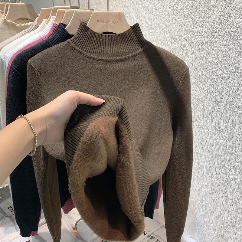 Mulheres Outono Inverno Camisola Grossa Quente Manga Longa Sólida De Malha Veludo Meia Gola Alta Pulôver Suéteres