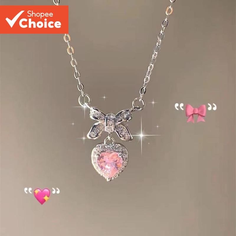 Colar Com Pingente De Coração Para Meninas , Nó De Borboleta Rosa , Joia Fofa , Presente
