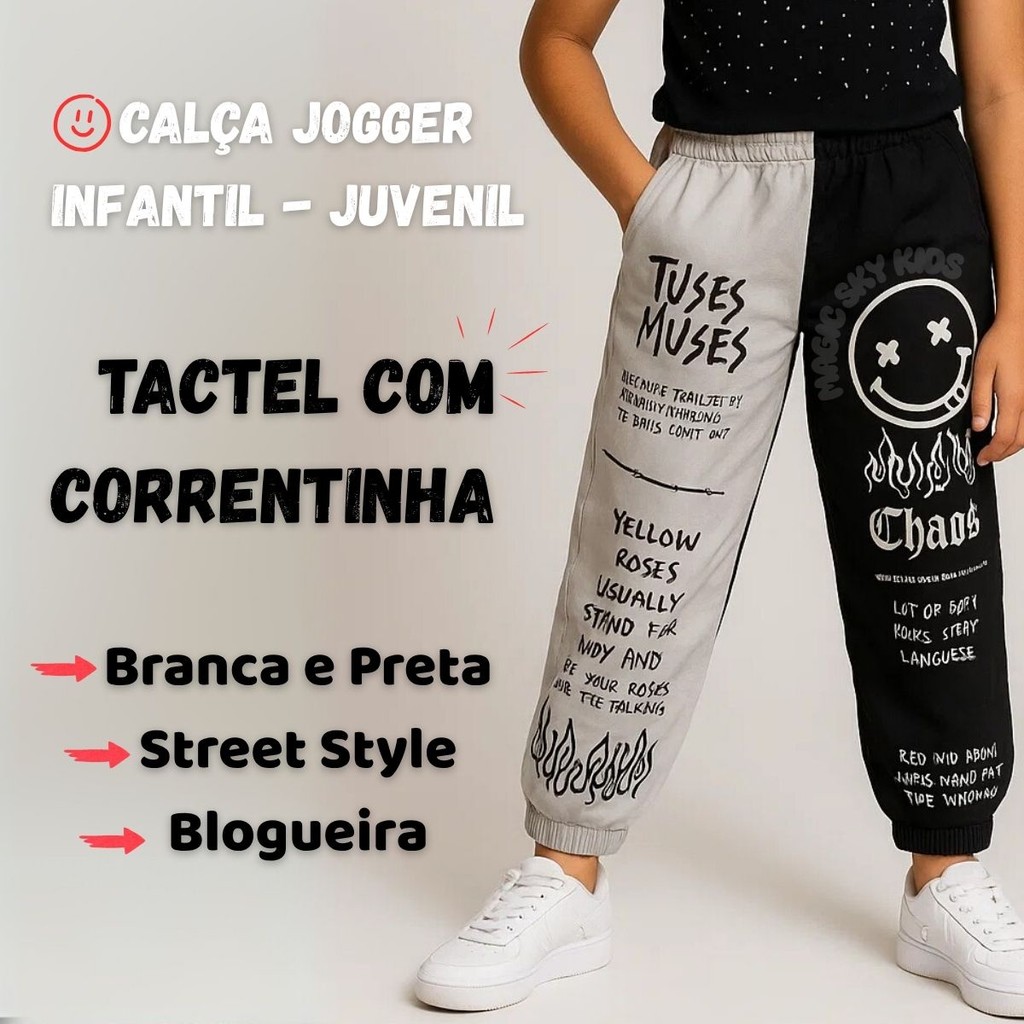 Calça Jogger Infantil e Juvenil Carinha Fogo Tactel com Correntinha  Branca e Preta