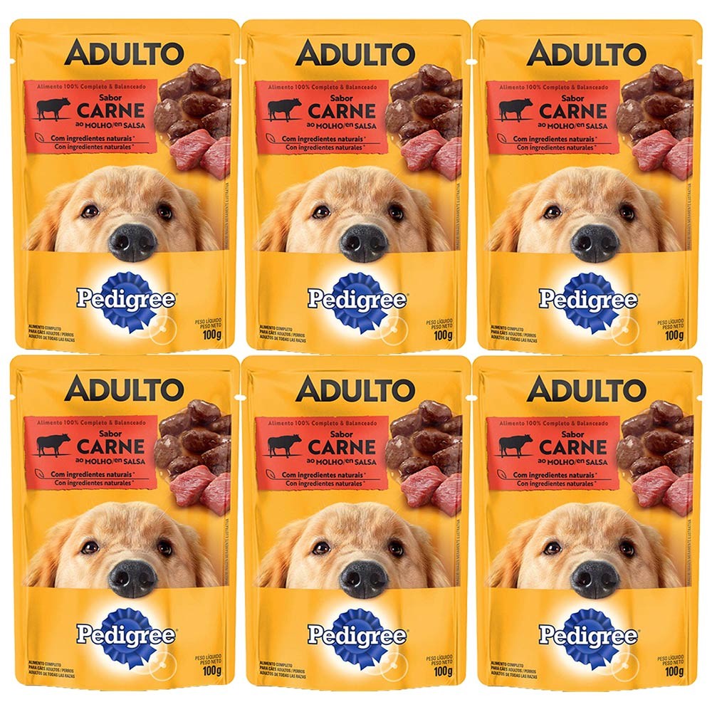 Kit 6 Ração Úmida para Cachorro Pedigree Adulto Sabor Carne ao Molho em Sachê 100g - Pets