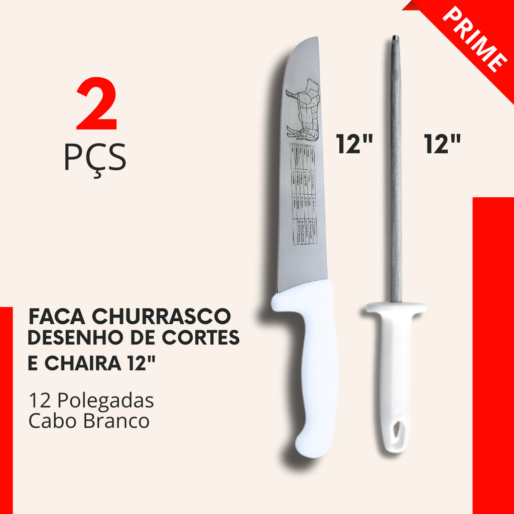 Imagem Faca de Churrasco Kit 2 ou 1 Peça Tamanho 12"e Chaira 12" Açougue Carnes Profissional Cabo Branco