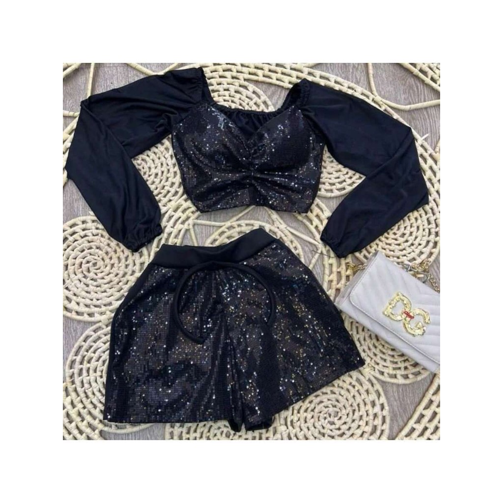 Conjunto Paetê Cropped Manga Bufante + Short Soltinho Com Amarração Paetê