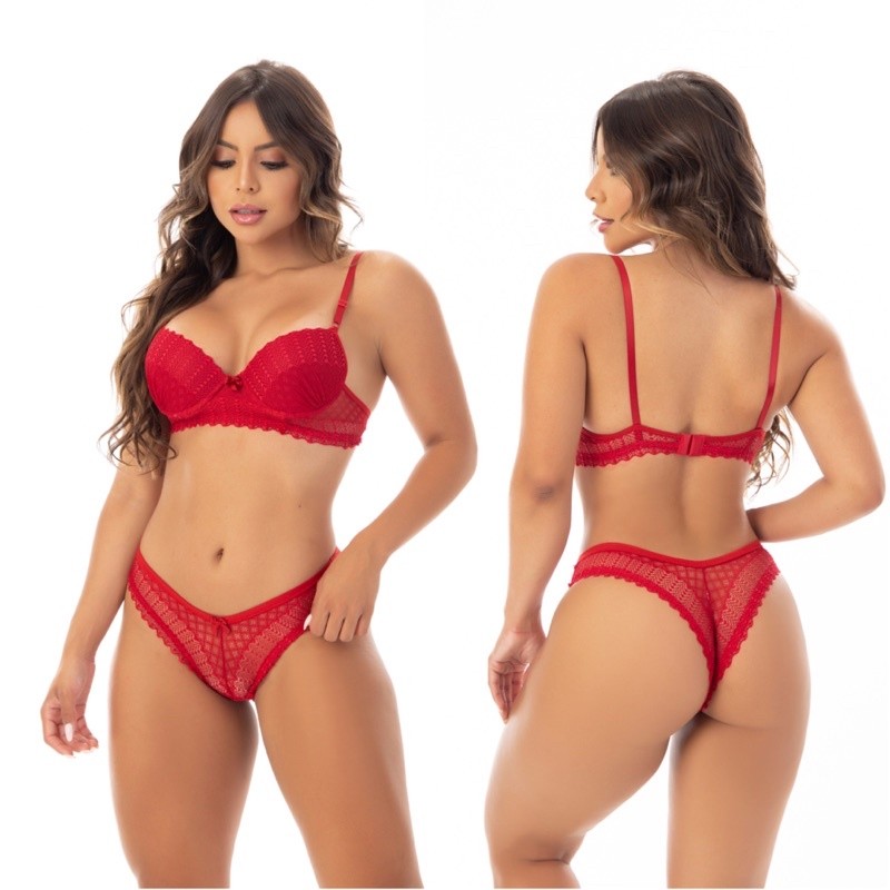 Conjunto Sutiã Com Bojo e Calcinha em Renda Lingerie Confortável Barato Sexy Rendado Básico Sensual