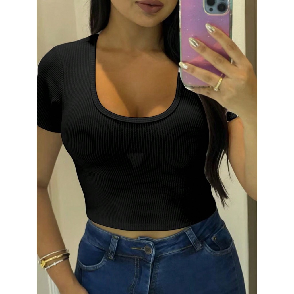 cropped feminino manga manguinha curta confortável canelado em Oferta na Shopee