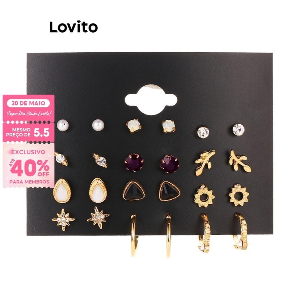 (Trendy) Lovito Brincos Casuais Geométricos Strass Pérolas Brincos De Gota De Água Para Mulheres L60AD025 (Ouro) em Oferta na Shopee