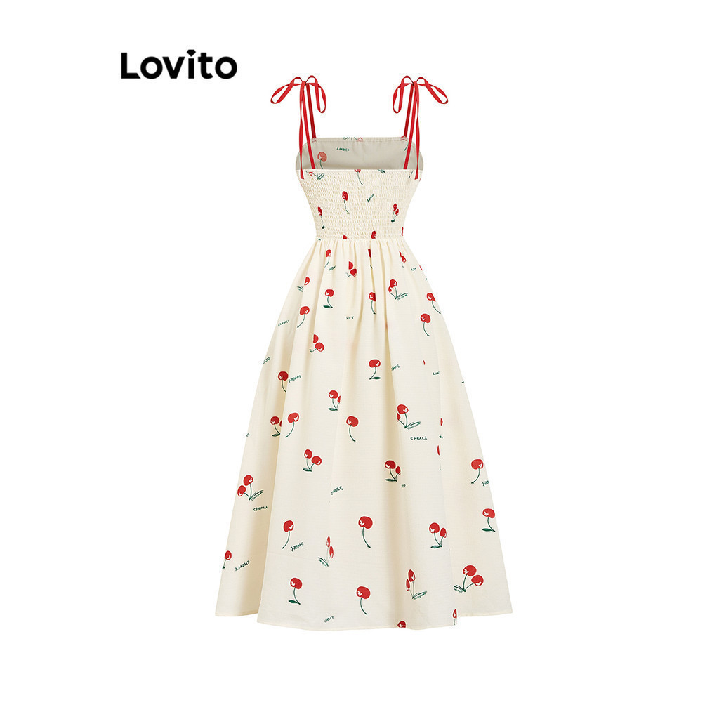 (Trendy) Lovito Vestido Casual E Frutas E Vegetais Com Cadarço E Laço Em Tecido Texturizado Para Mulheres L102AD488 - Women Clothes