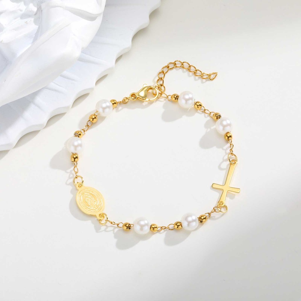 Vnox Virgem Maria Jesus Cruz Pérola Pulseira Para Mulher, Ouro Aço Inoxidável Não Desbotamento Fé Cristã Jóias Presente · foto 2