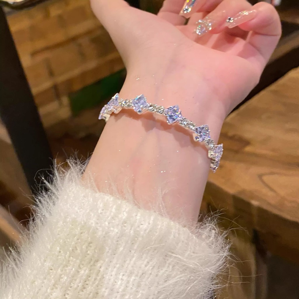 Pulseira Feminina Prata com Pedras Lilás Zircônia Brilhante Luxo Delicada Festa Presente