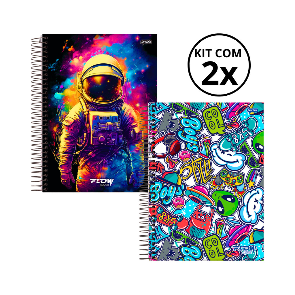 Kit 02 Cadernos Universitário 10 Matérias 160 Folhas Flow - Jandaia CAPA:Astronauta/Boys em Oferta na Shopee