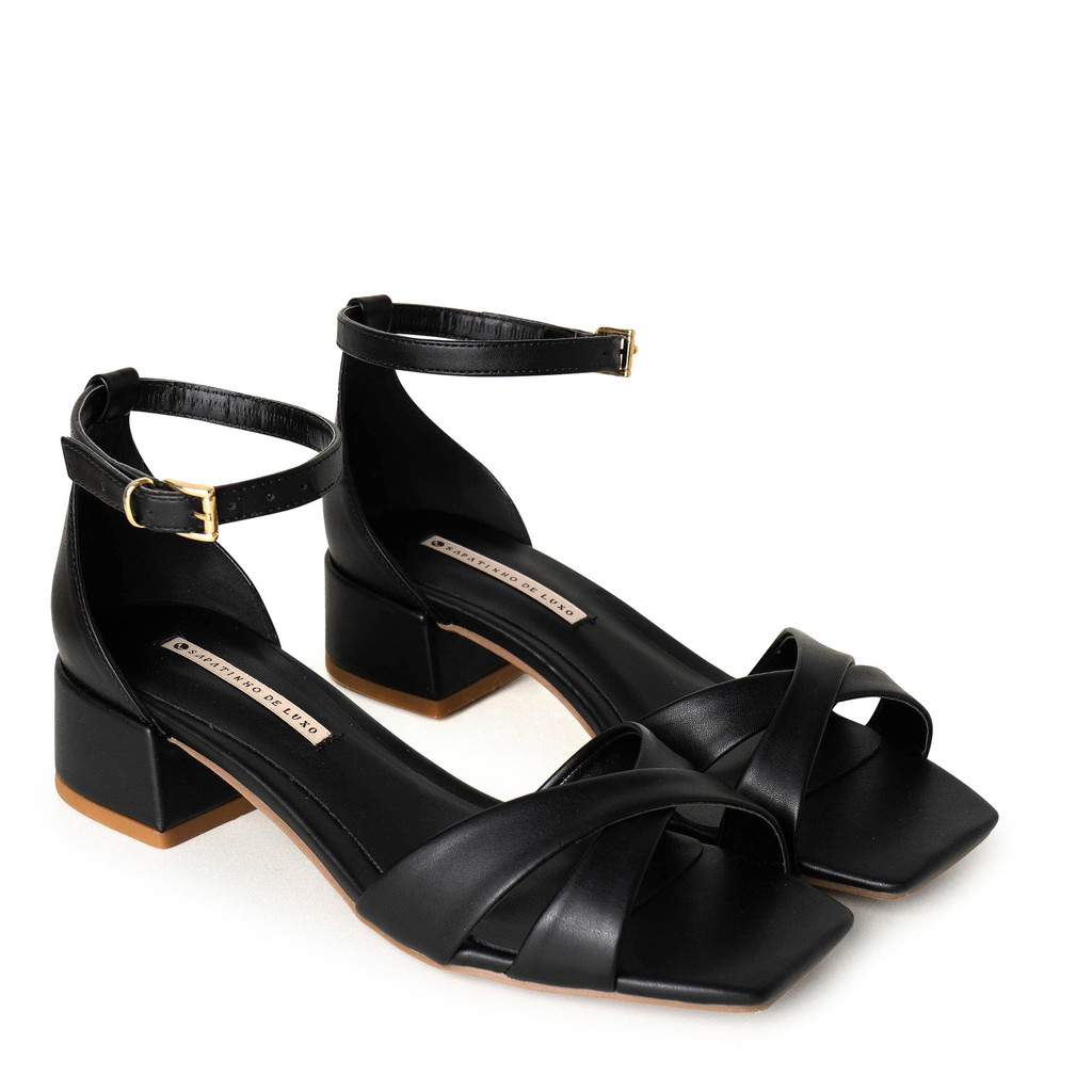 Sandália Napa Preto / Ouro Tira em X e Salto Bloco 100090.02_1 - Women Shoes