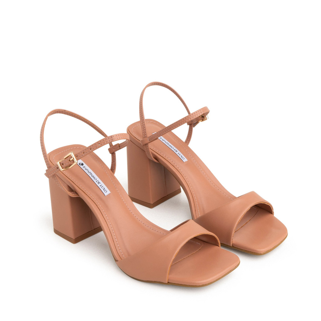 Sandália Nude Mocha Salto Alto Bloco e Fivela Ouro 9550.13_2 - Women Shoes