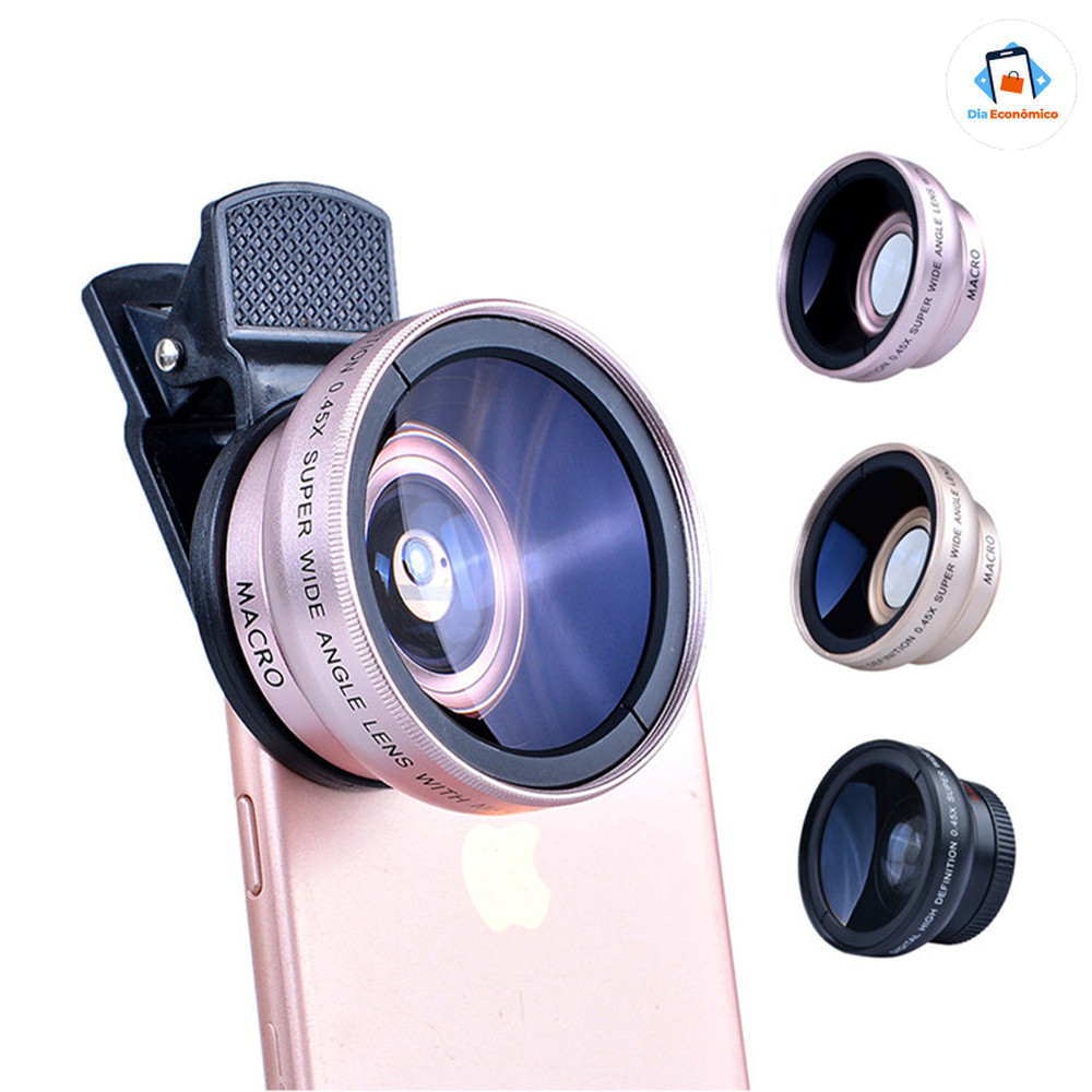 Kit de Clip de Lente HD Externa para Celular 2em1 Lente  Super Macro e Grande Angular Compatível com todos os telefones