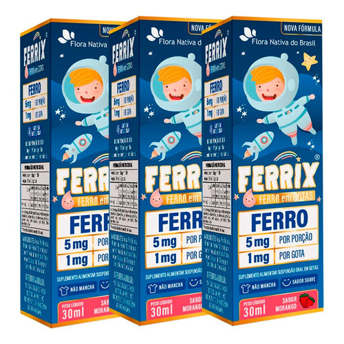 Kit 3 Suplemento Infantil Ferrix Ferro 5mg 30ml Sabor Morango