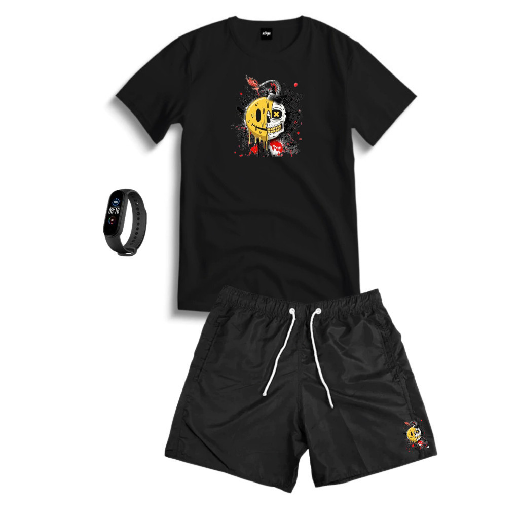 Conjunto Kit Masculino SMILEBOMB Camisa 100% Algodão + Bermuda Tactel Estampada + Relogio Digital