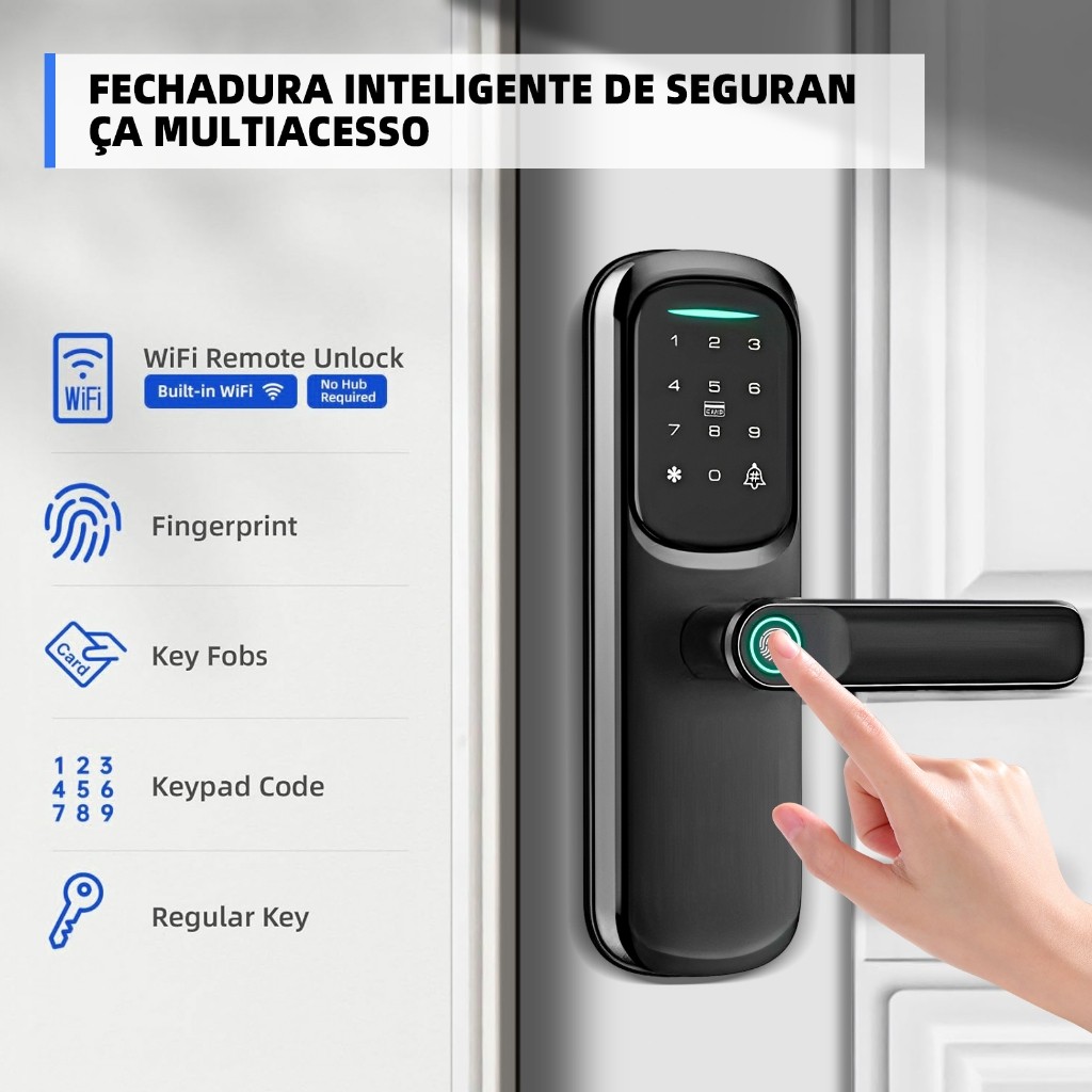 Fechadura Eletrônica Digital 4 em 1 Com Biometria, Bluetooth, Senha Touch, Chave e Tag + Senha + Cartão + App Tuya