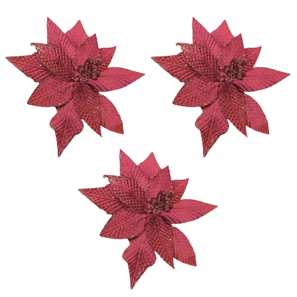 3 Flor Natalina Bico De Papagaio Tecido Vinho Glitter 24Cm