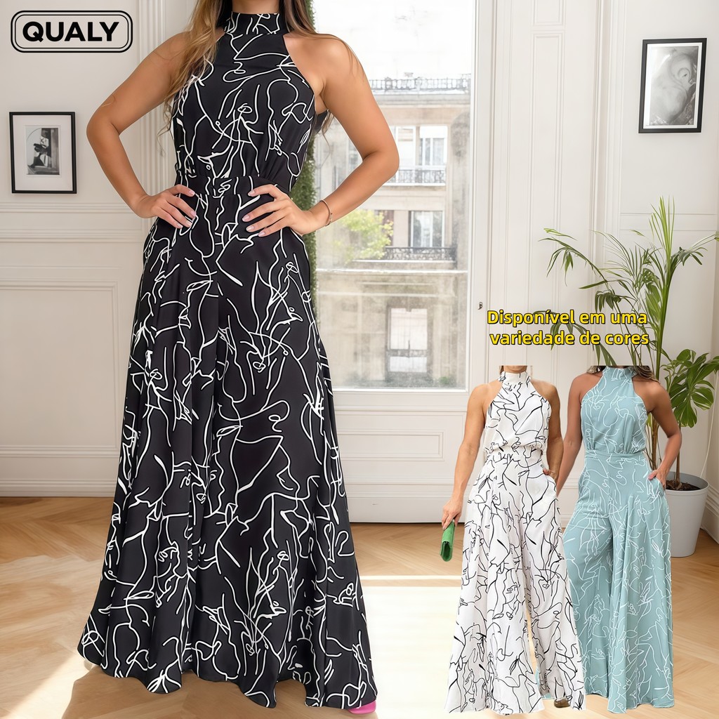 Macacão Feminino Sem Manga Estampado Longo Slim Com Alça De Amarrar Festas de Casamentos Formaturas - QUALY
