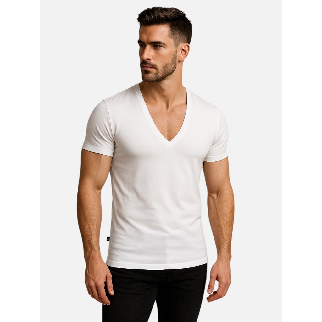 Camisa Decote V Masculina Camiseta Gola Cavada Blusa Gola V Funda Elastano Viscose Manga Curta