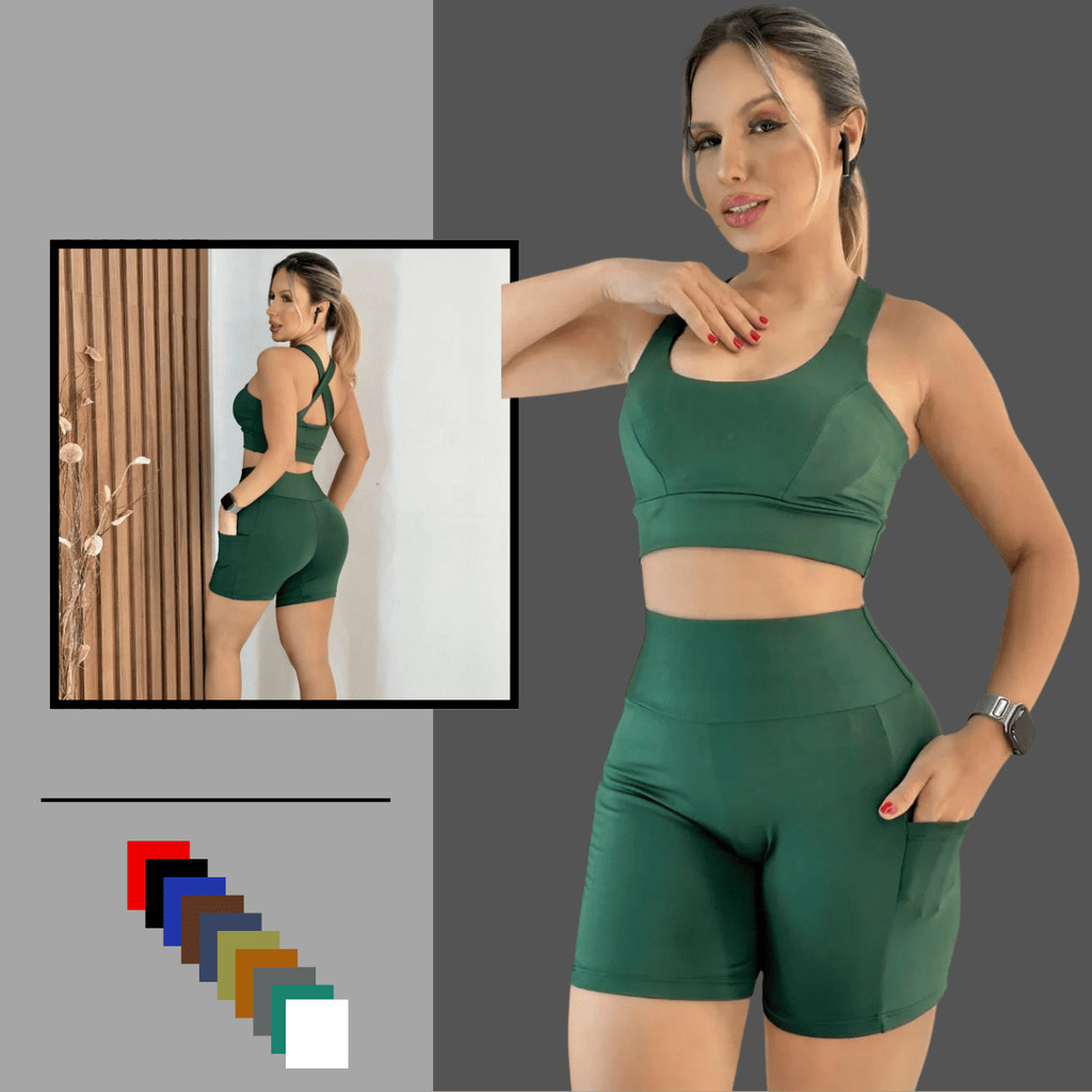 Conjunto Feminino Fitness Academia Top Bojo Detalhe no Short bolso Lateral ZERO TRANSPARENCIA COS