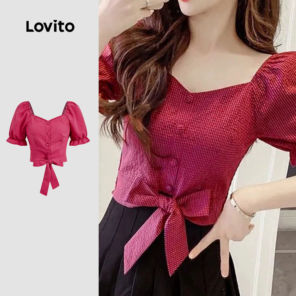 (New) Lovito Blusa Casual com Laço Na Frente para Primavera/verão Blusa Vermelha Rosada para Mulheres L143ED498