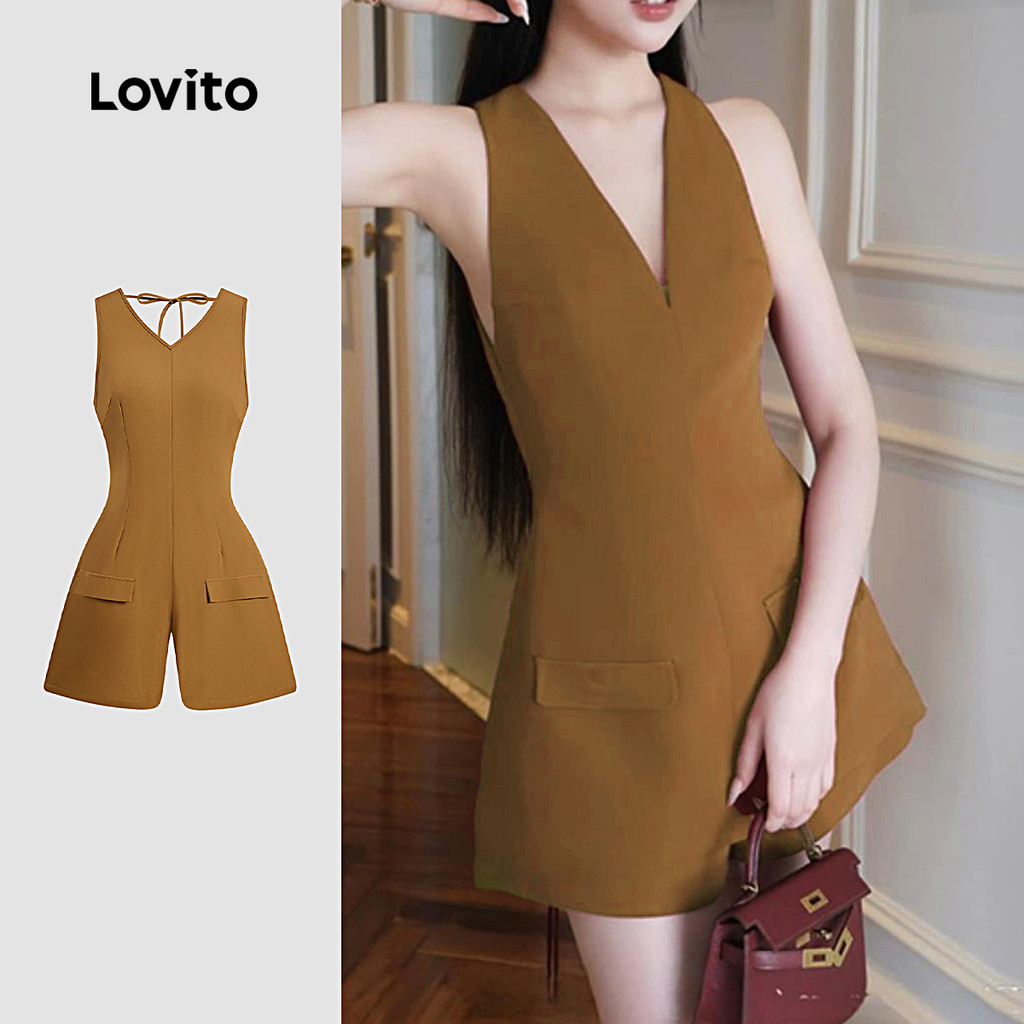 (New) Lovito Macacão Elegante com Bolso Falso Sem Costas com Laço Traseiro Primavera/verão Marrom L142ED432 em Oferta na Shopee