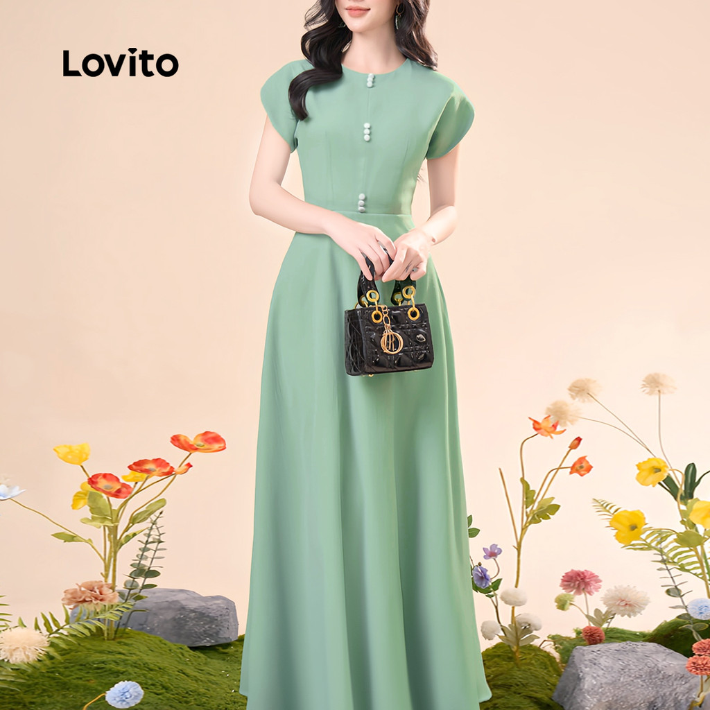 Detalhes do (New) Lovito Vestido Elegante com Botões Na Frente  Simples para Deslocamentos  Primavera/verão  Vestido verde L142ED684