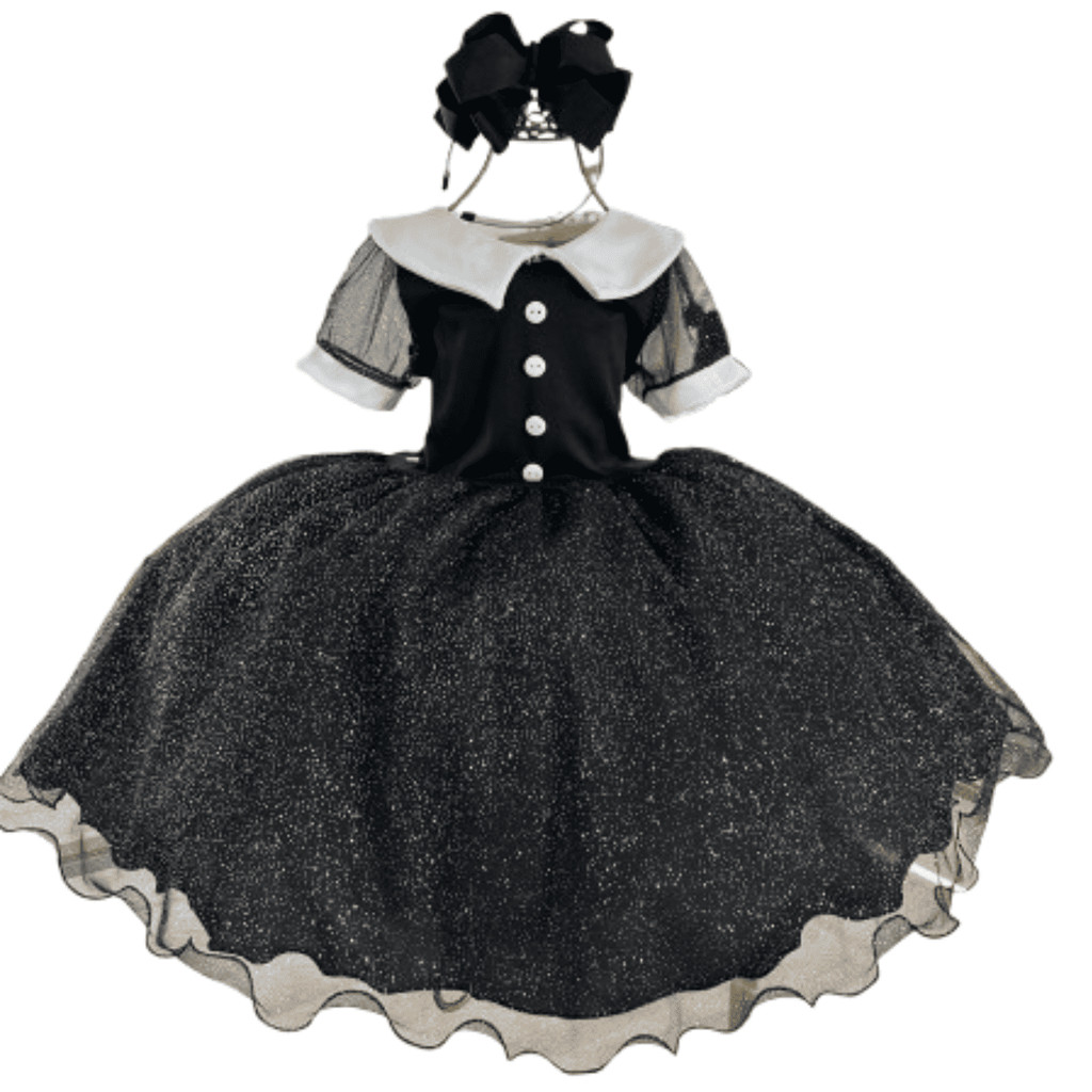 Vestido Infantil Wandinha Addams Preto Halloween Vestido de Festa Tamanho 3 ao 12 com Laço de Cabelo n1435