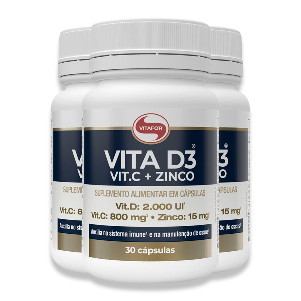 Kit 3 Vita D3 + C + Zinco Vitafor 30 Cápsulas