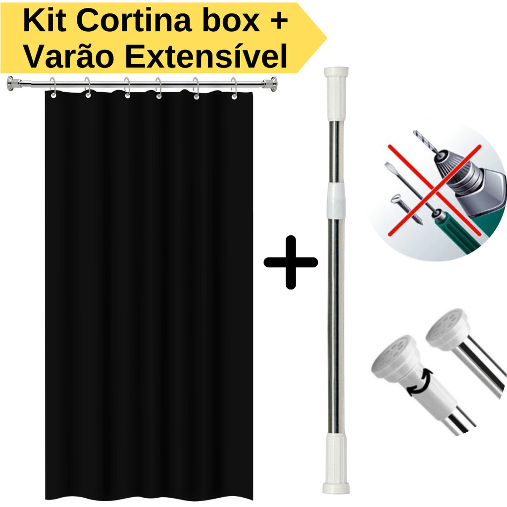 Kit Cortina Box Banheiro Sem Visor + Varão Suporte Extensivel Anti Mofo Varias Cores