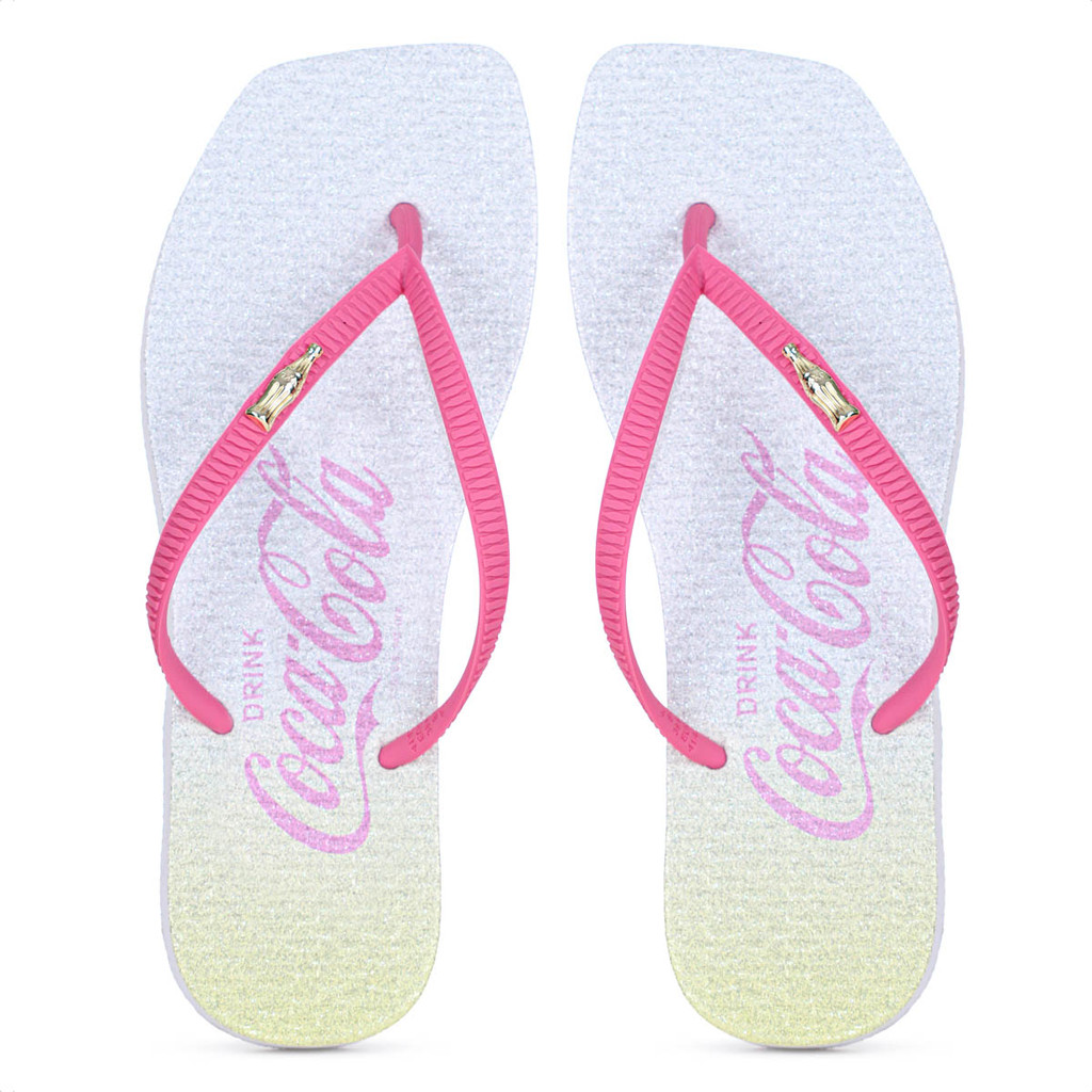 Chinelo Coca Cola Gradient Shine Branco Amarelo e Rosa - Feminino em Oferta na Shopee