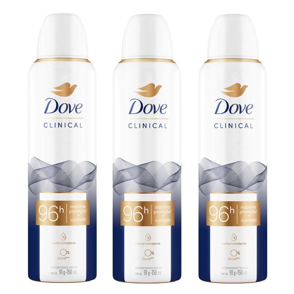 Kit com 3 Desodorante Antitranspirante Aerosol Dove Clinical Original Clean 150ml - Beauty