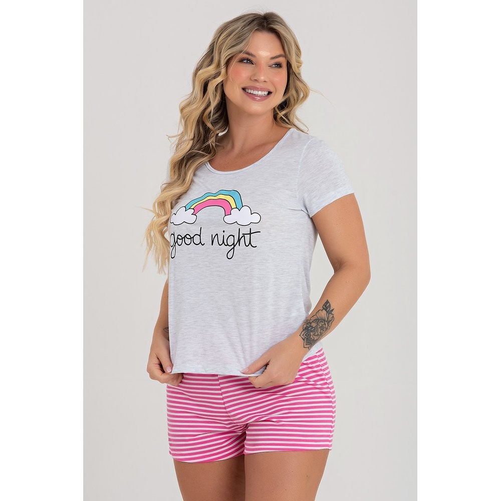 Pijama Curto Loja Zus Listrado Rosa Good Night Manga Curta