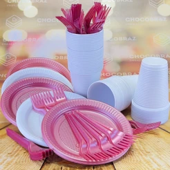 Kit Festa 50 PESSOAS DESCARTAVEIS BRANCO E ROSA PEROLADO GARFO + PRATO + COPO (CHOCO)