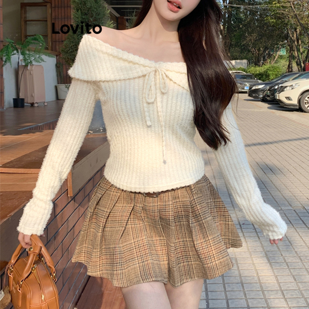 (Trendy) Lovito Suéter Casual Com Laço Liso Para Mulheres L94AD053 em Oferta na Shopee