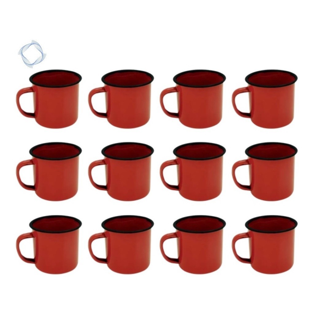 Caneca Esmaltada Retro 150ml Vermelha Vintage Jogo 12 Pcs